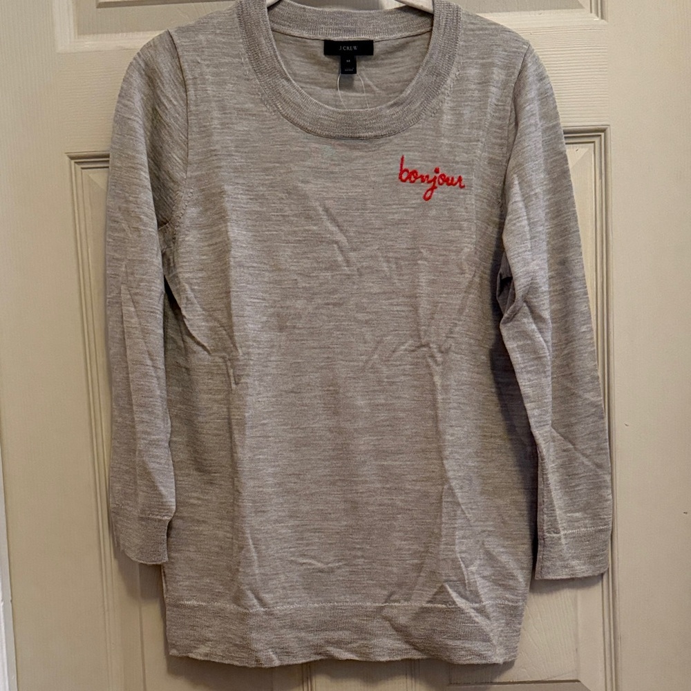 Jcrew Gray merino Sweater with Red Embroidery “Bonjour”